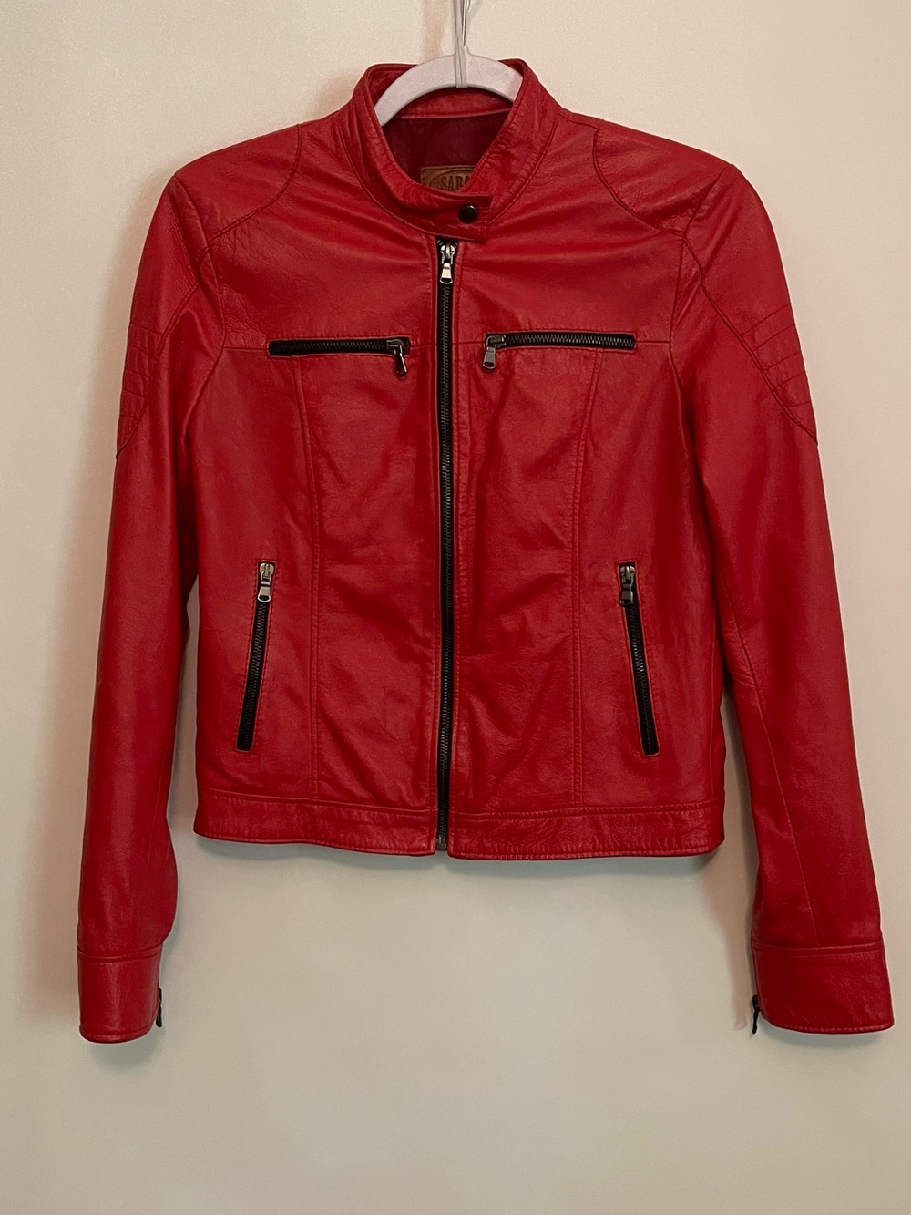 Vtg Norma Della Legge Red Leather Cropped Moto Jacket Made in Italy 44 US M flaw
